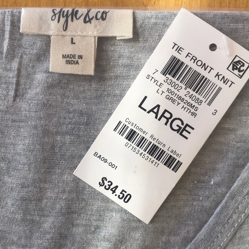 STYLE & CO GRAY COTTON/MODAL TIE-FRONT V-NECK T-SHIRT, LARGE SHORT SLEEVE TOP - Picture 5 of 6